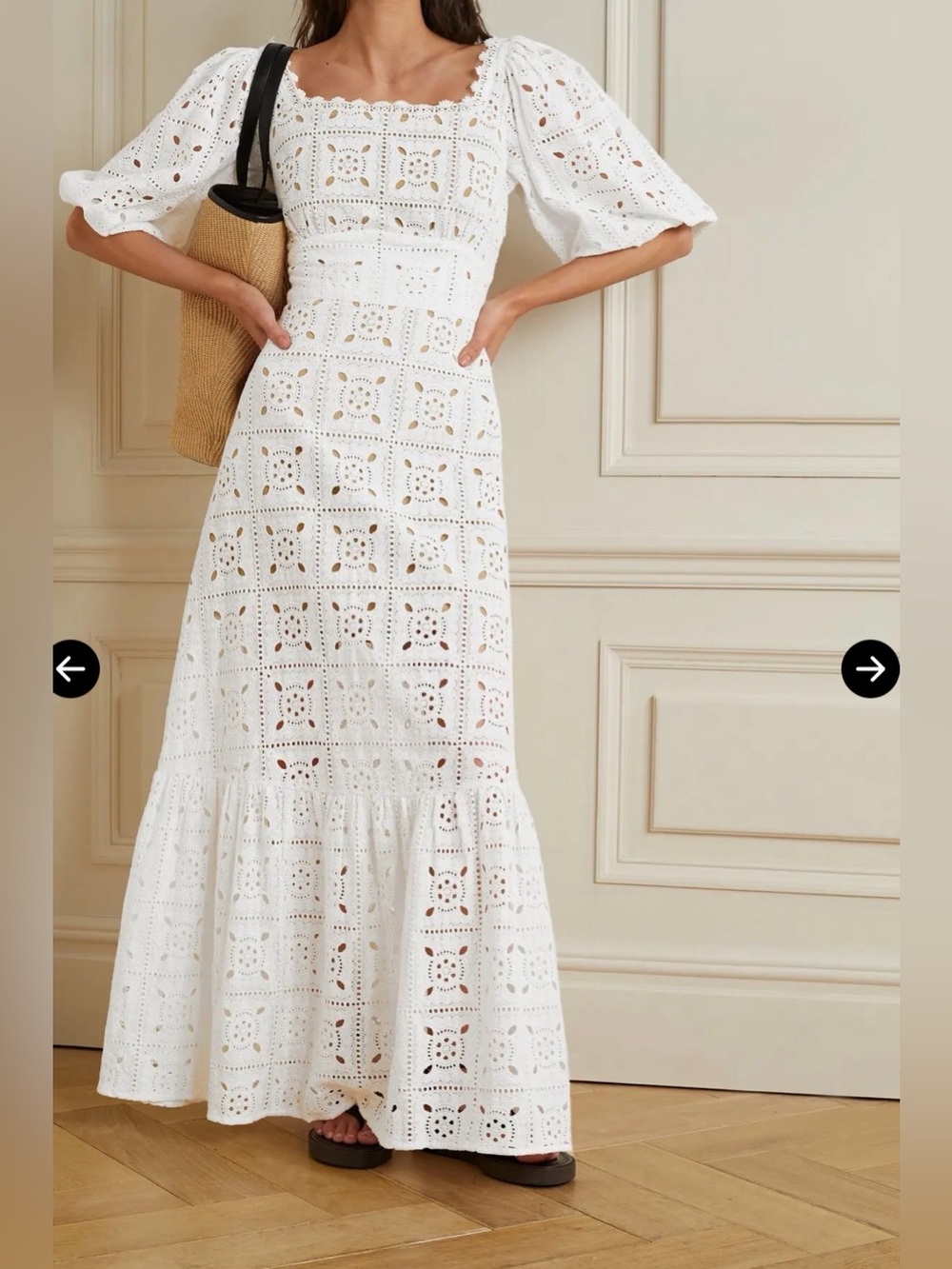 Miguelina Mariana Broderie Anglaise White Crochet Maxi Dress Puff Sleeves Sz S